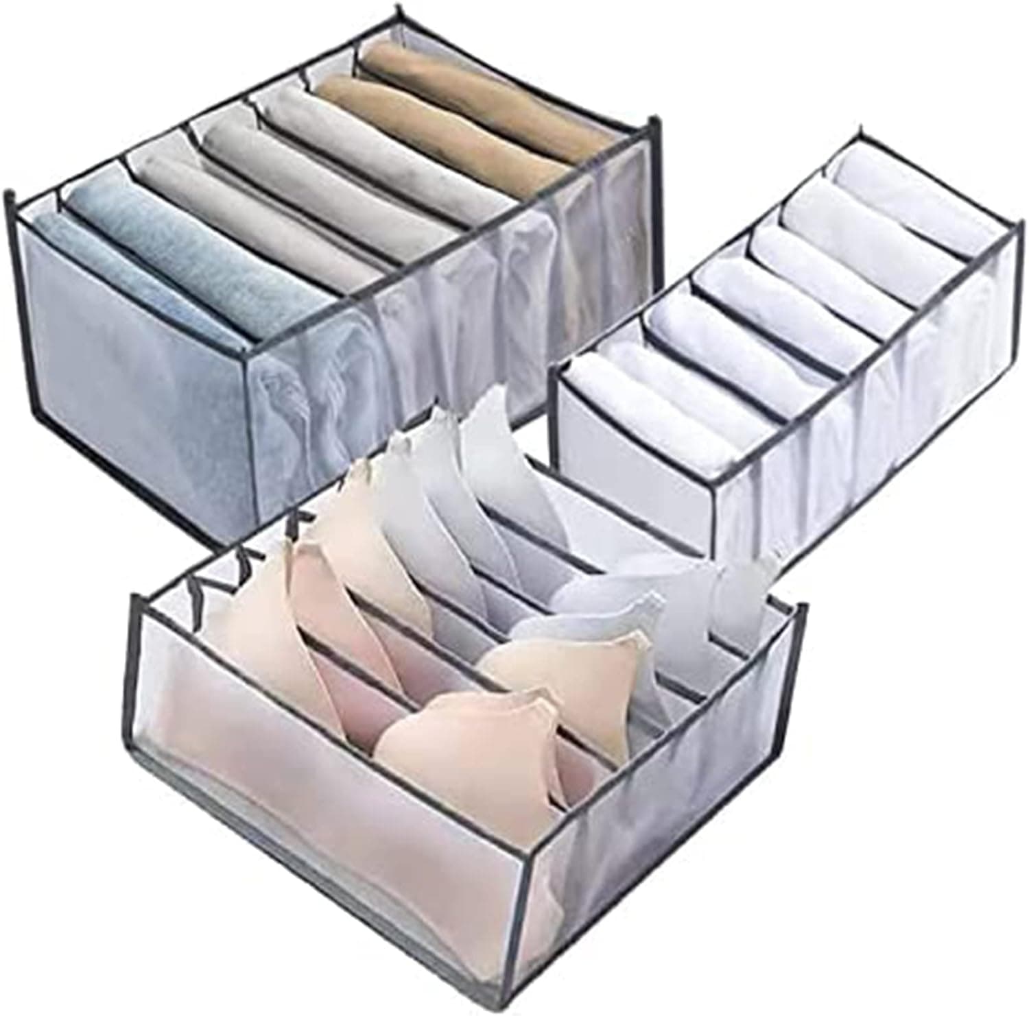3PCS Washable Wardrobe Clothes Organizer,7 Grids Foldable Visible Closet Organizer Clothes Drawer Mesh Separation Box for T-shirt,Legging,Skirts,Jeans,Kid Clothes