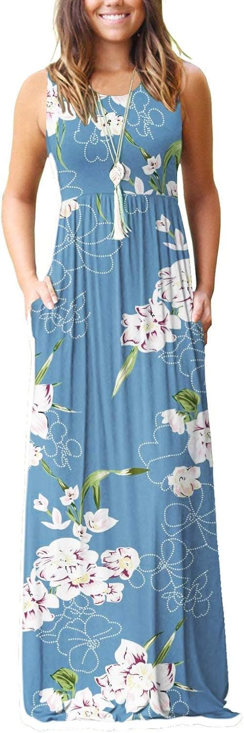 MOLERANI Women Sleeveless Deep V Neck Loose Plain Long Maxi Casual Dress