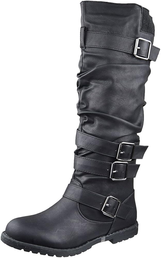 Generation Y Women's Knee High Boots Strappy Ruched Faux Leather Adjustable Buckles Knitted Calf