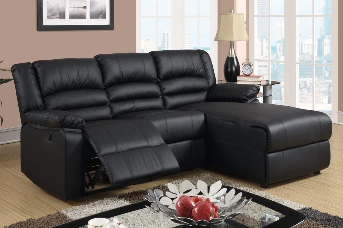 Poundex Bobkona Bonded Leather Loveseat Recliner Right Chaise with Plush Seating, Black