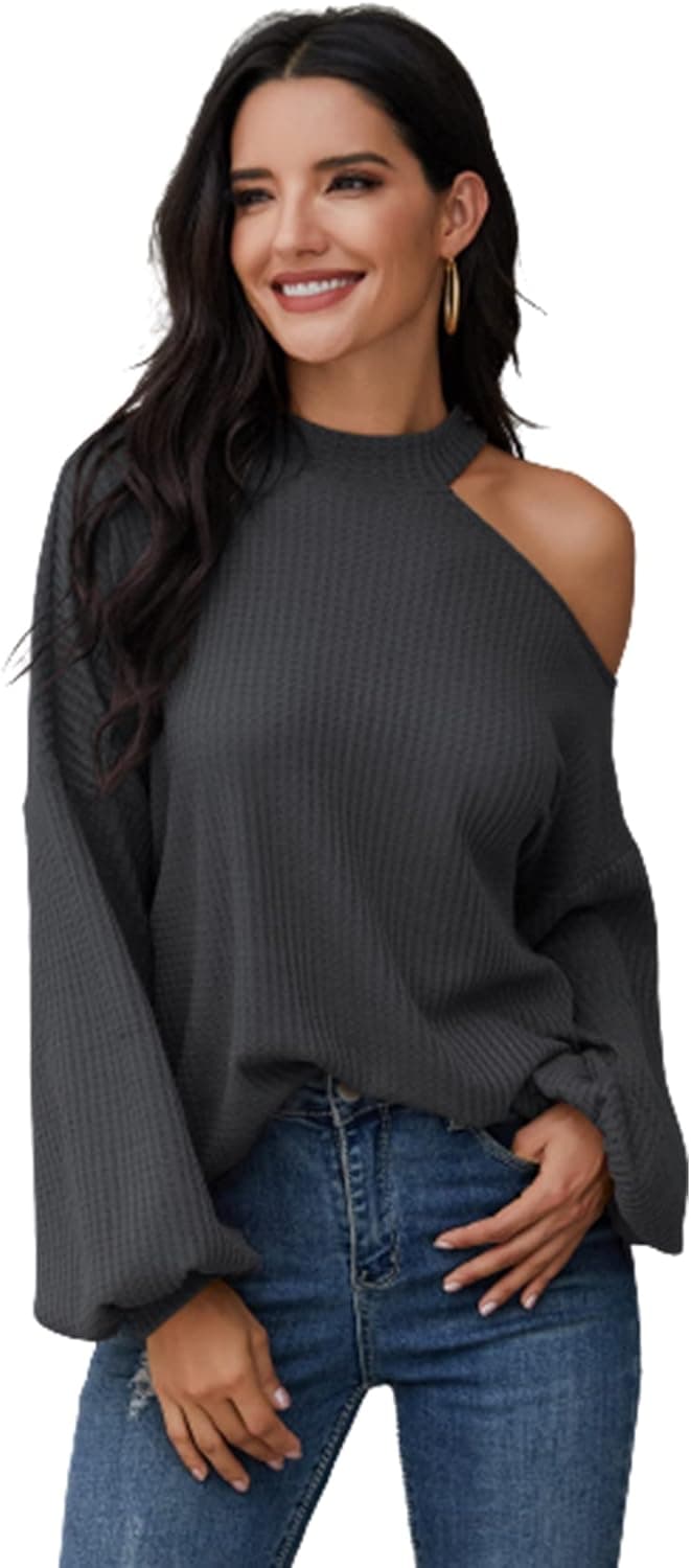 Romwe Women's Waffle Knit Tunic Tops Cold Shoulder Long Sleeve Loose Blouse Shirts