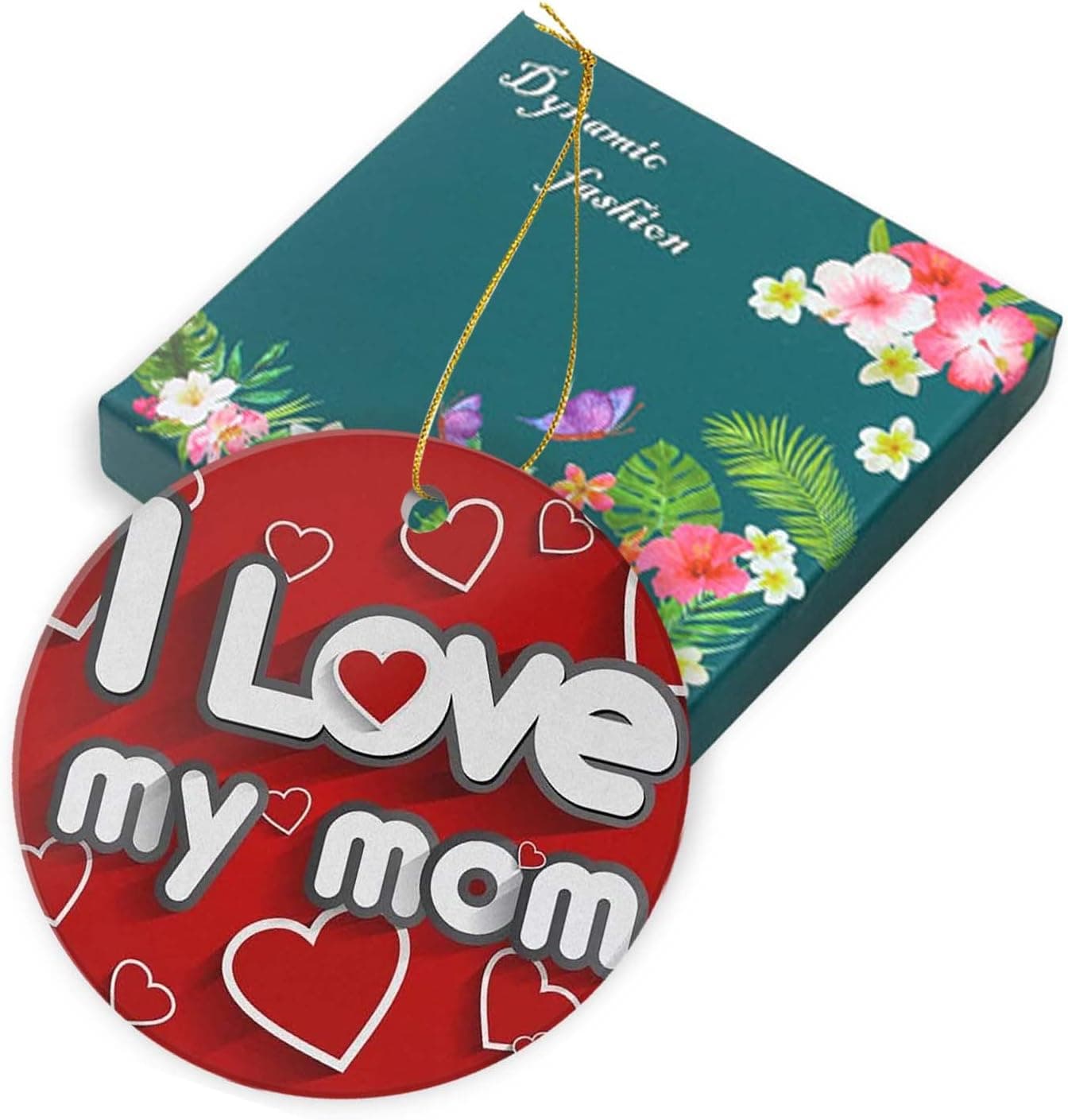 Christmas Tree Ornaments for Xmas Decoration,Funny Xmas Hanging Gift,I Love My Mom Design with Hearts Happy Mother's Day On Red Background
