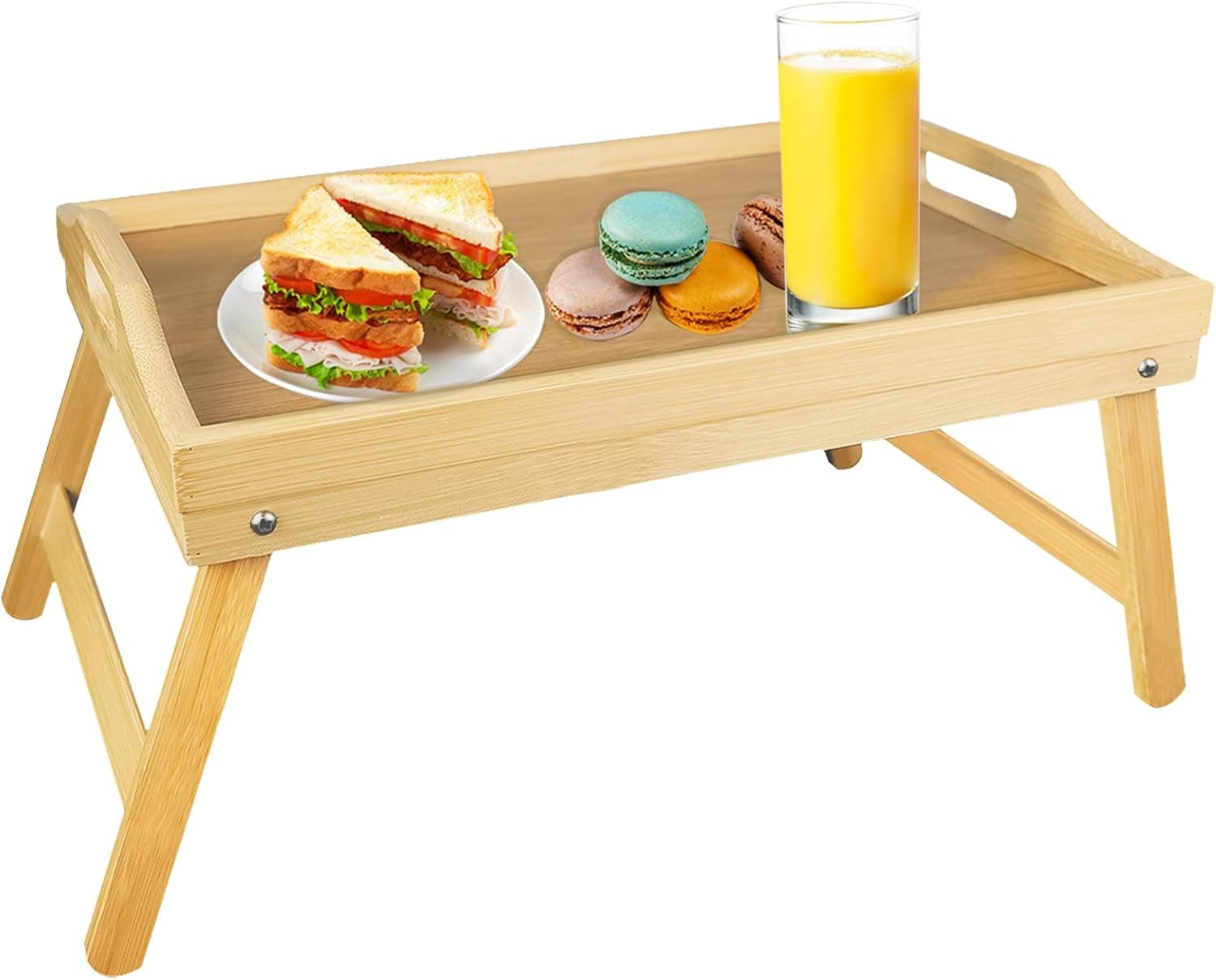 Bed Tray Table with Folding Legs, Bamboo Breakfast Food Lap Tray for Eating, Bed, Sofa, Working, Drawing, Kitchen Platters Desk Foldable Serving Bed Tray with Handles Laptop Computer Snack Tray Table