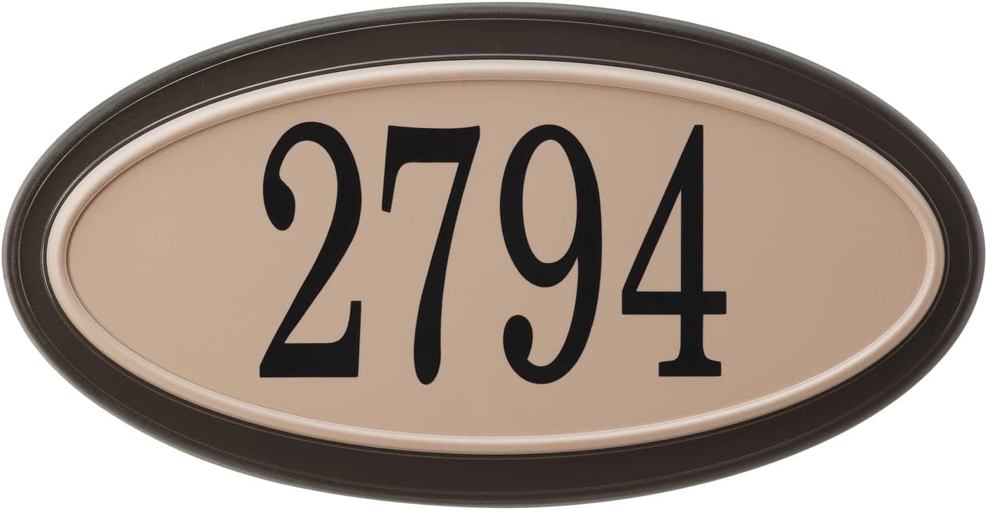 Oval Address Plaque – 4’’ Peel & Stick House Numbers INCLUDED – Outdoor Weatherproof Home Sign – PRO-DF - Made in Canada (Mocha/ Sand))
