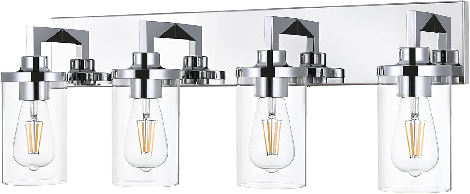 VINLUZ Modern 4 Light Bathroom Vanity Light Fixture,Chrome Finish Indoor Sconces Wall Lighting with Clear Glass Shade for Bedroom Hallway Corridor