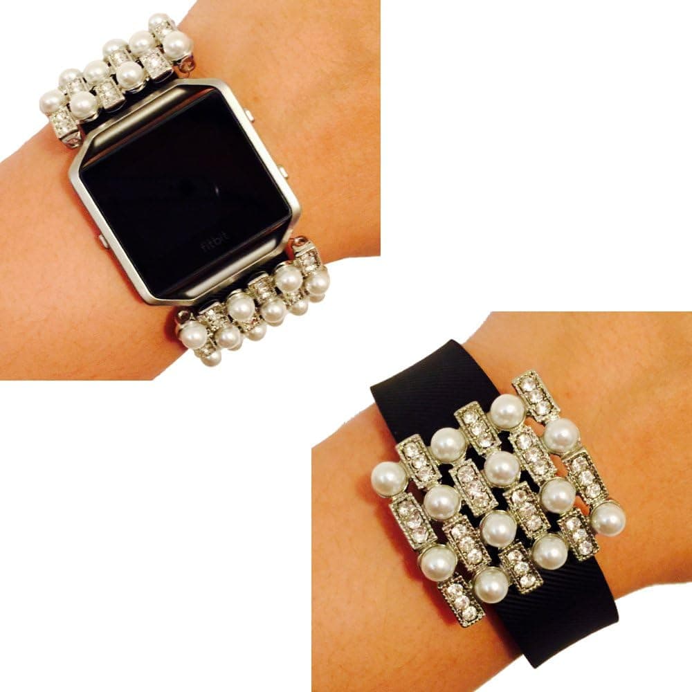 Fitbit Blaze, Fitbit Charge Jewelry - Fitbit Fitness Tracker Accessory Bracelet - Bold Gold Silver Pearl Adorned Rhinestone Studded TOKYO Fitbit Charm Accessory