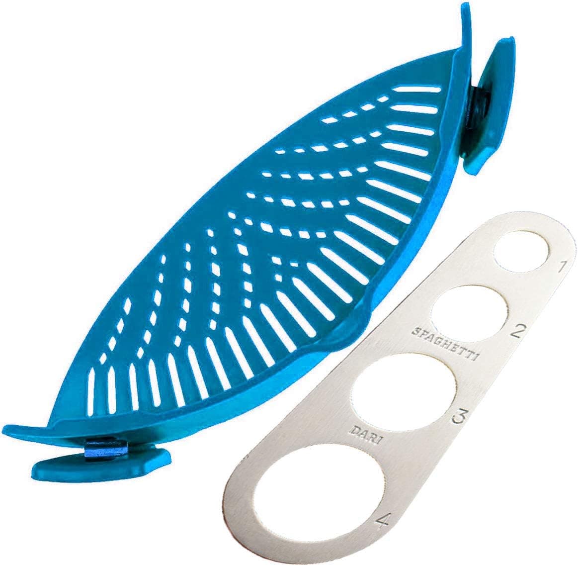 DDYY Silicone Pot Strainer, Pasta Pot Strainer, Clip-on, Easy Straining, Dishwasher Safe, Comes with Bonus Spaghetti Measurer (Sky Blue)