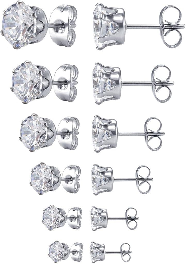 Jstyle Stud Earrings for Women Mens Stainless Steel Earrings, 3-8mm Round Cubic Zirconia Earrings Studs Ear Piercing Jewelry Set