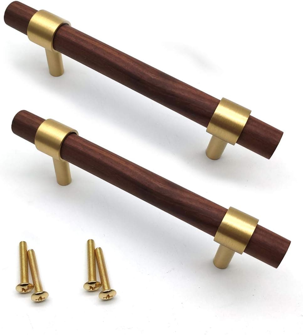 Susenya Drawer Pulls,2-Pack, Walnut Drawer Pulls Luxury Materials 3.78" Center Distance Wooden Cabinet Pulls with Brass Base
