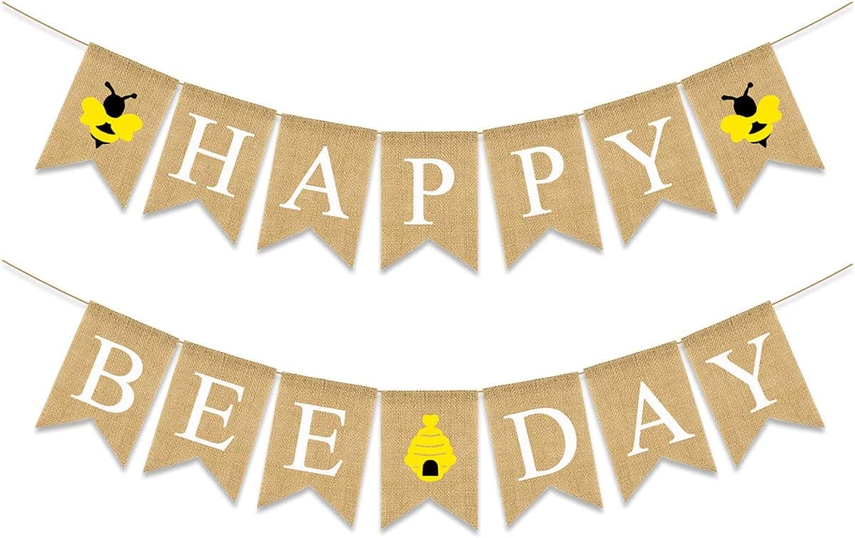 CAVLA Happy Bee Day Burlap Banner Jute Bumble Bee Banner Garland with Honey Bee Signs and Honeycomb Signs Summer Bee Day Decorations for Boy Girl Birthday Party Supplies