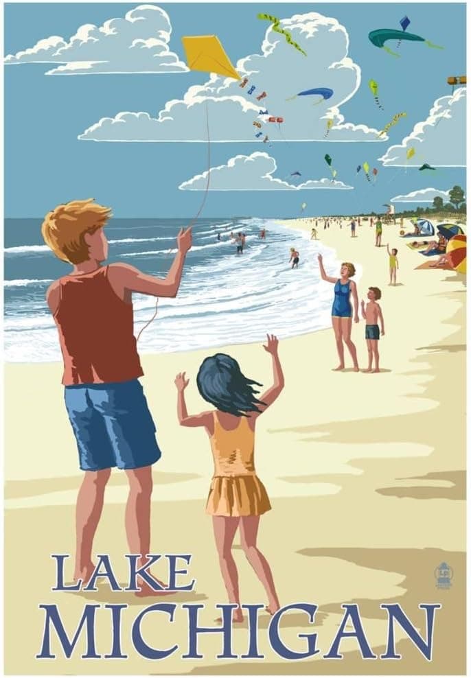 Lake Michigan - Children Flying Kites Poster, 13 x 19in