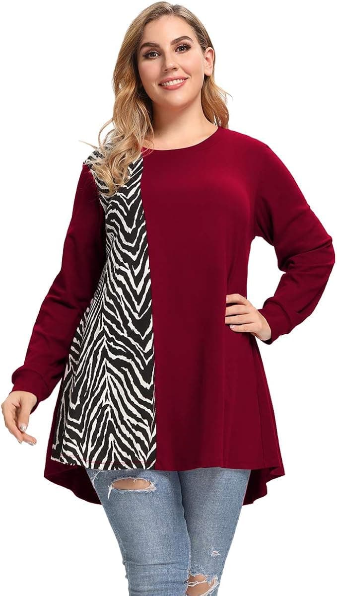 LARACE Plus Size Sweatshirts Lightweight Animal Print Tops For Women Long Sleeve Tunic Loose Pullover Color Block T-shirts(Wine Red 4X)