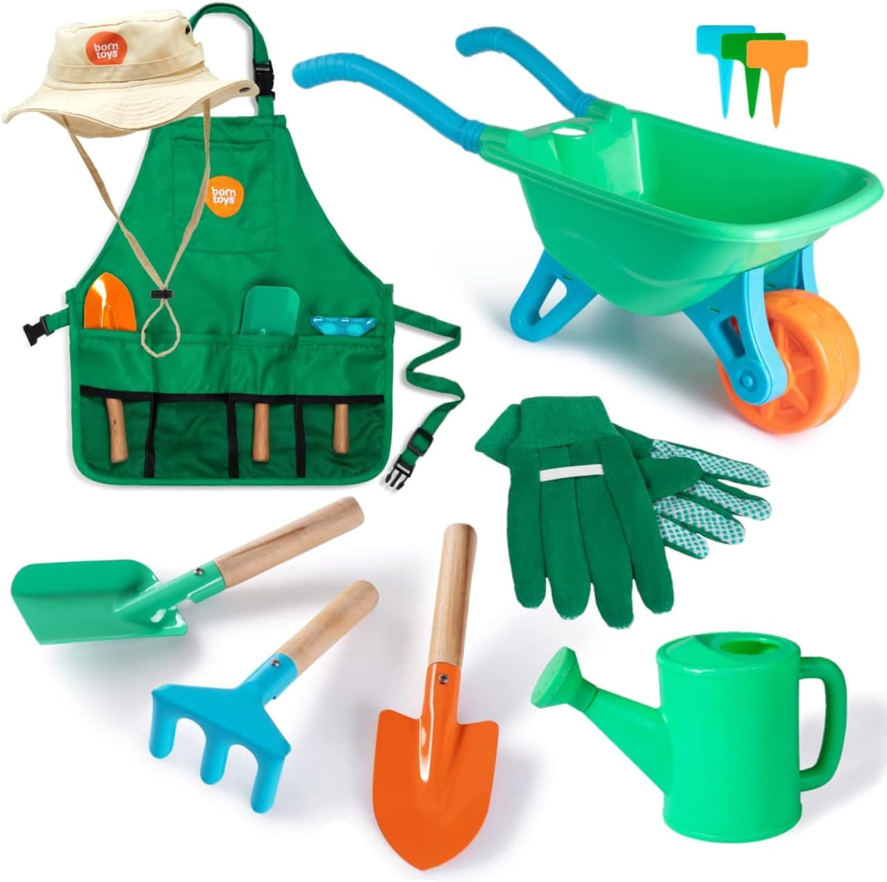 Born Toys Premium Kids Gardening Tool Set for Ages 3 & Above, Kids Wheelbarrow, Apron, Hat, Kids Gardening Gloves & Kids Watering Can - A Real Toddler Gardening Set with Gardening Tools for Kids