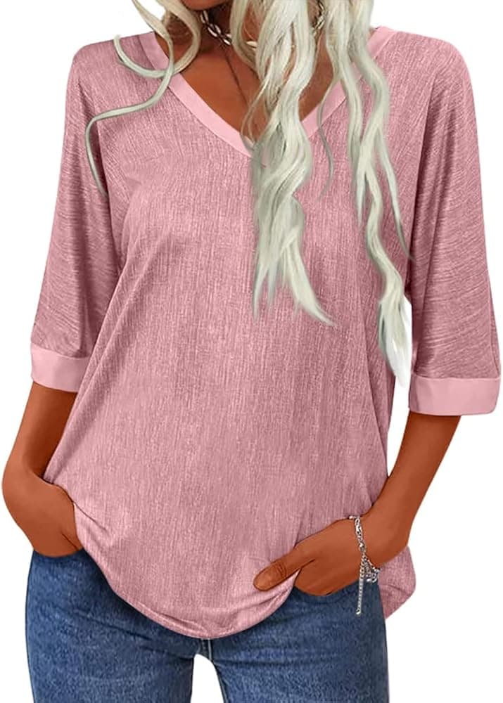 Womens Summer Tops 3/4 Sleeves V Neck T Shirts Casual Loose Fit Tee Blouses