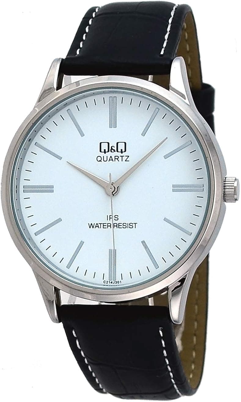 Q&Q C214J301Y Men's Simplistic Leather Band White Index Dial Analog Watch
