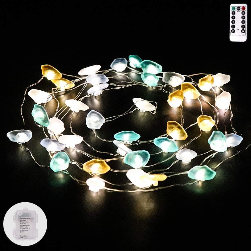 Outdoor String Lights 13ft 40LEDs Copper Wire Battery-operated with Remote-8 Modes Timer Decoration String Lights for Home Parties,Bedroom,Kitchen,DIY Decoration,Wedding, Birthday Ornament-Ocean Stone