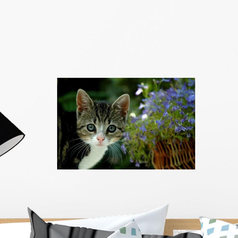 Wallmonkeys Small Kitten with Flowers Wall Decal Peel and Stick Graphic WM253287 (18 in W x 12 in H)