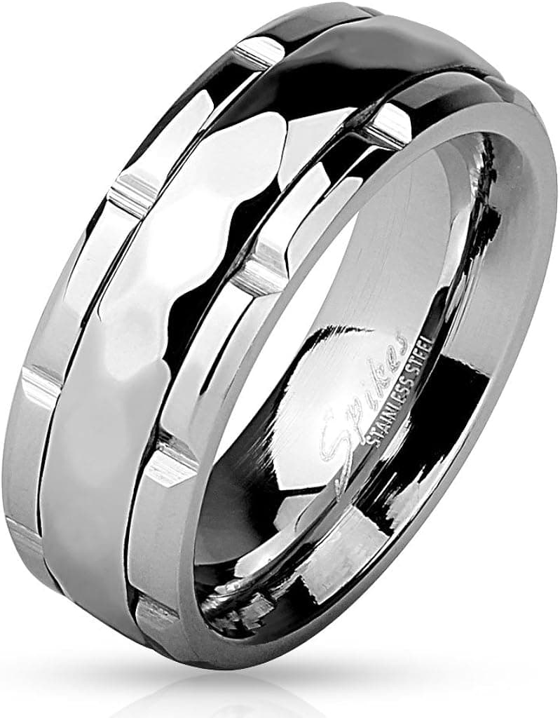 Jinique STR-0455 Stainless Steel Diamond Pattern Grooved Center Spinner Ring