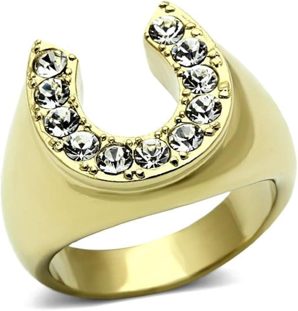 Doublebeez Jewelry Men's Yellow Gold Tone IP Clear Simulated Stone Horseshoe Ring
