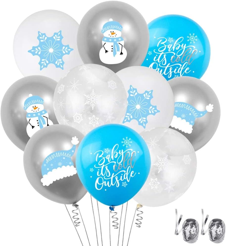 K KUMEED Winter Theme Balloons, 50 Pcs Blue White Silver Snowflakes Latex Balloons for Baby It's Cold Outside Winter Wonderland Party Decoration