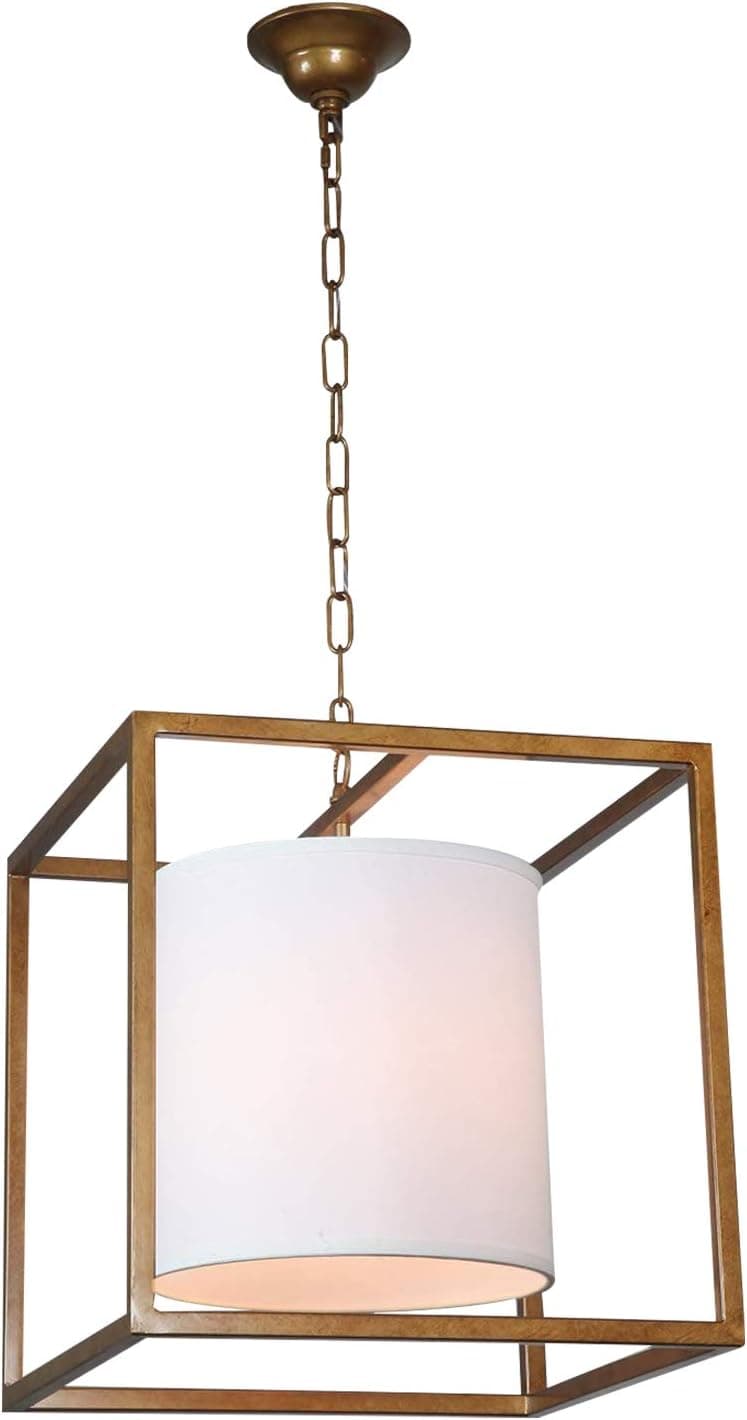 Dst Square Pendant Light Fixture with White Fabric, Antique Brass Frame Lantern Chandelier Iron Cage LED Ceiling Lights for Foyer, Farmhouse, Dining Room, Entryway, Size: L16'' W16'' H18''