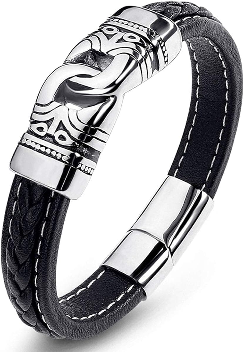 LJWVX Stainless Steel Genuine leather Bracelet for Men Wristband Cuff Bangle Bracelets Clasp 8.0-8.5 inches