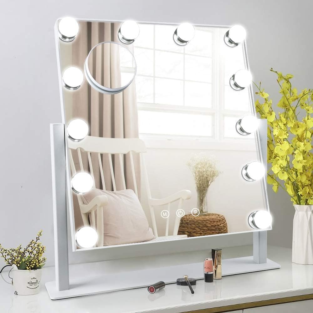 Depuley Hollywood Vanity Mirror Lighted Makeup Mirror, Personal Makeup Mirrors with 12pc Dimmable LED Bulbs, Cosmetic Mirrors for 3 Color Lighting, 10X Magnification Mirror, 360° Swivel, Touch Control