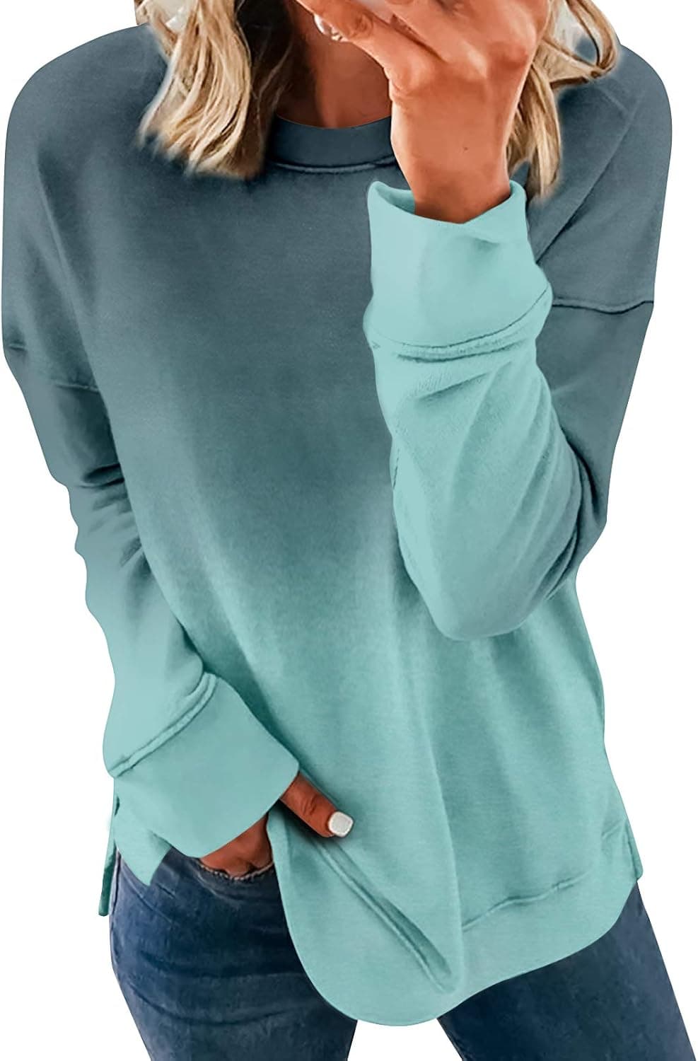 Women Casual Crewneck Sweatshirt Striped Long Sleeve Shirt Side Split Tunic Tops