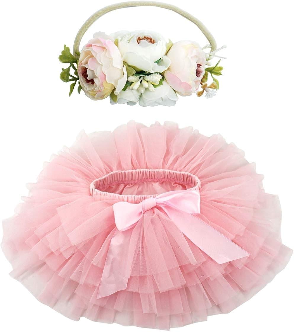 BGFKS Baby Girls Soft Fluffy Tutu Skirt with Diaper Cover,Toddler Girl Tutu Skirt Sets with Flower Headband.