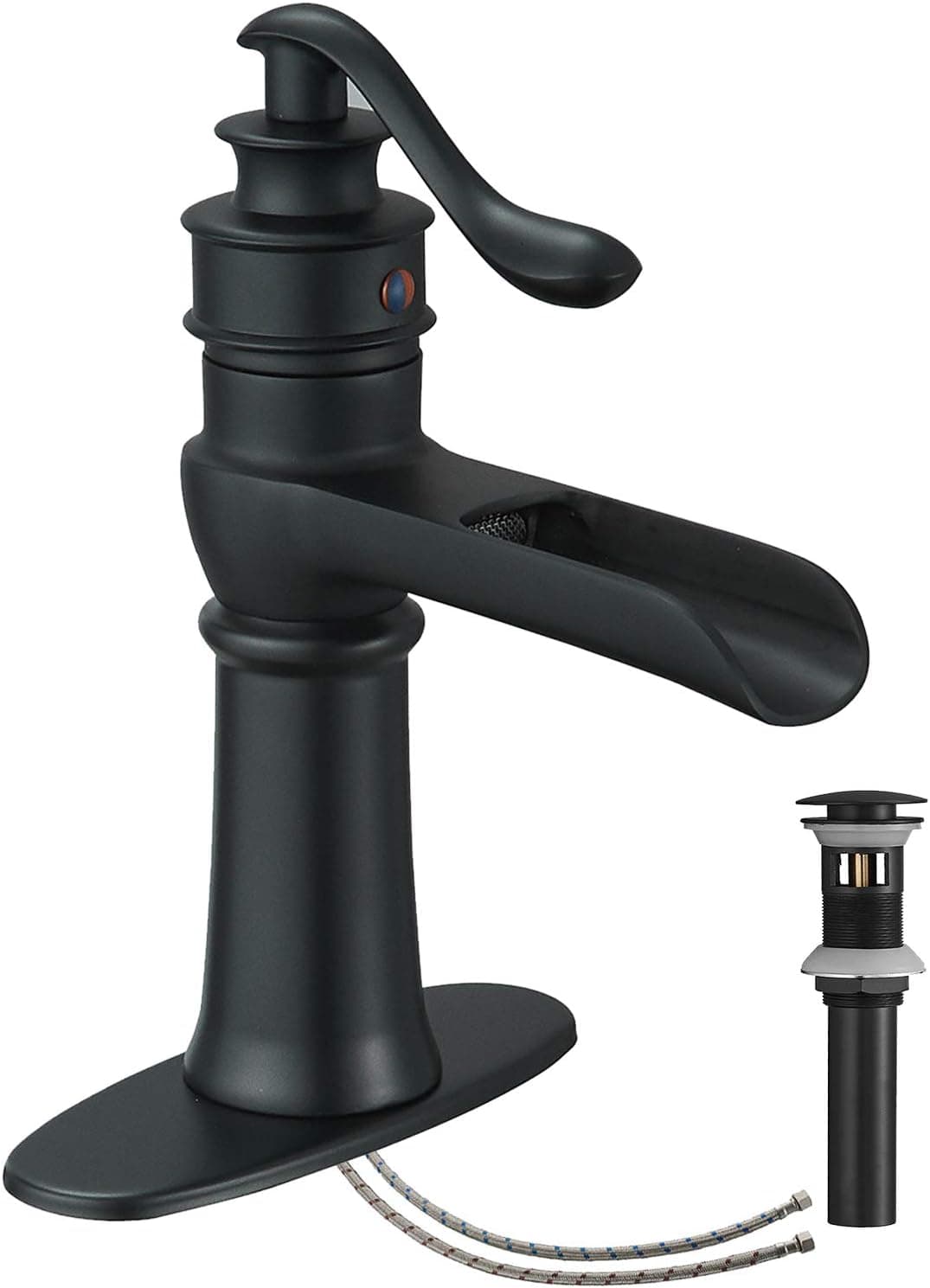 Black Faucet Bathroom Matte Waterfall Sink Farmhouse Vanity Single Hole Faucets One Handle Basin Antique centerset with Pop Up Drain Stopper Mixer Tap Overflow Supply Line Lead-Free by Homevacious