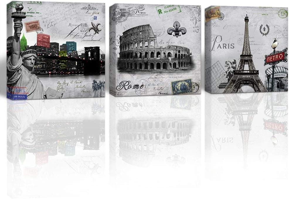 Gardenia Art mid Century Wall Art Statue of Liberty Ancient Colosseum Eiffel Tower Painting bar Accessories and Decor Stretched and Framed 16x16 in 3 Pieces