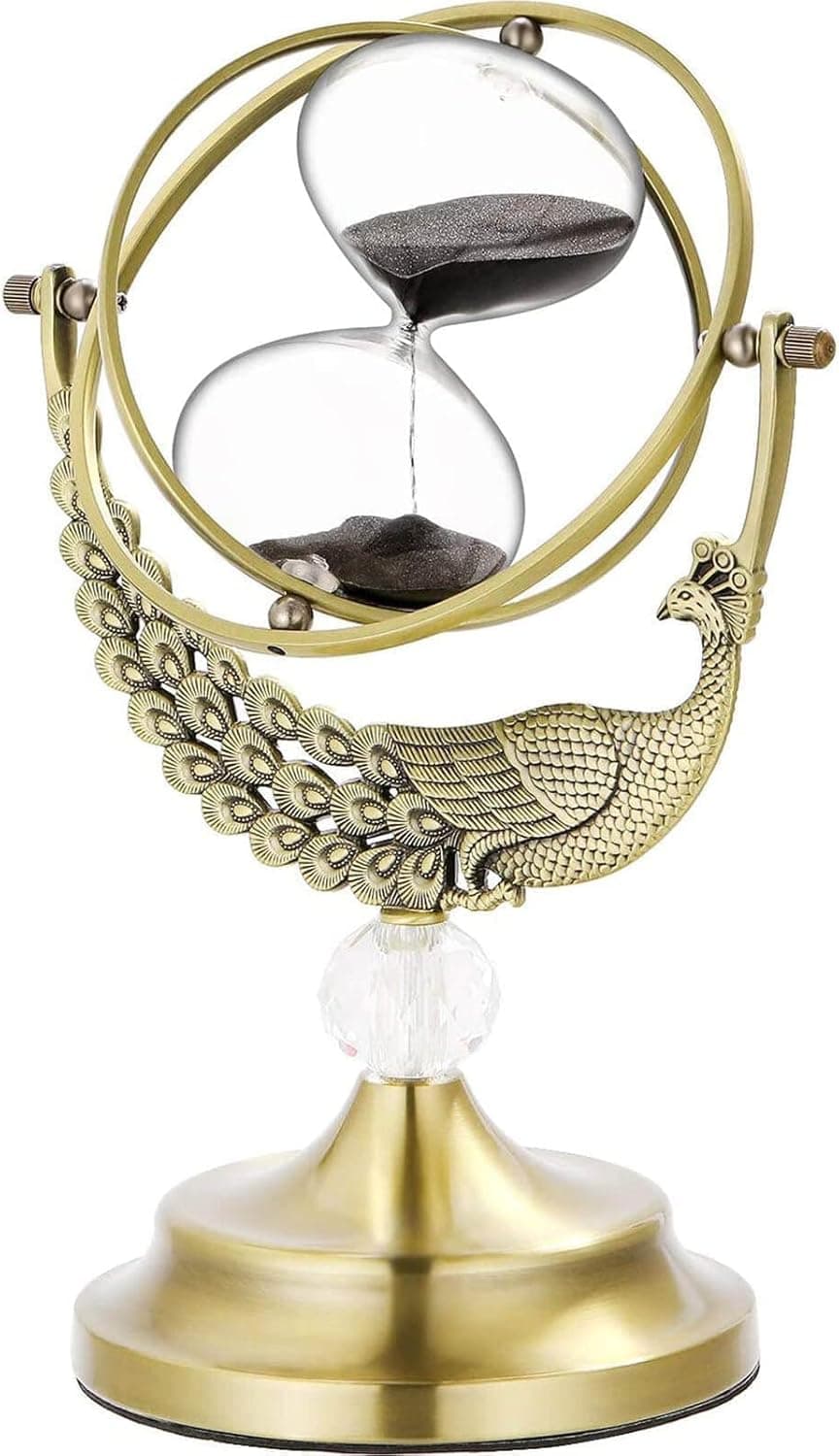 Sand Timer Hourglass Clock 60 Minute with Brass Peacock Frame & Crystal,SuLiao Antiguo Reloj De Arena 1 Hora,Metal Large Watch One Hour Glass Sand Watch for Gifts Home Office Desk Decor