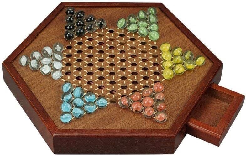 zzxswc All Natural Wood Chinese Checkers with Storage Drawer and Glass Marbles Checkers Board Games