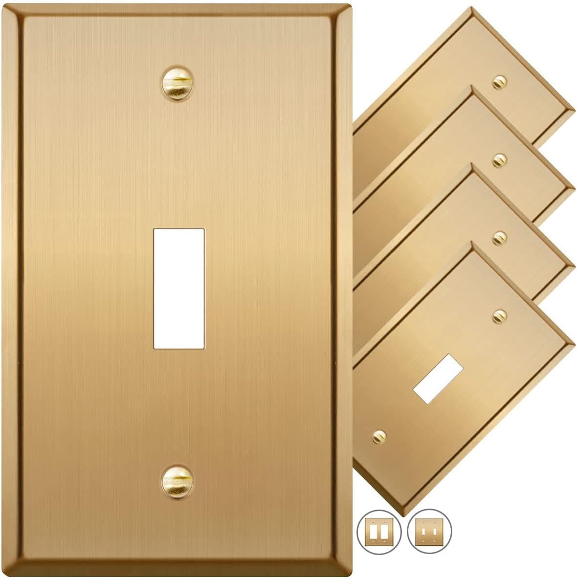 Rio Salto Metal Gold Toggle Light Switch Covers Wall Plate Single Toggle Switch Wallplate Decorative Gold 1 Gang Wall Switch Plate Covers Standard Size, Genuine Brushed Brass (5 Pack)