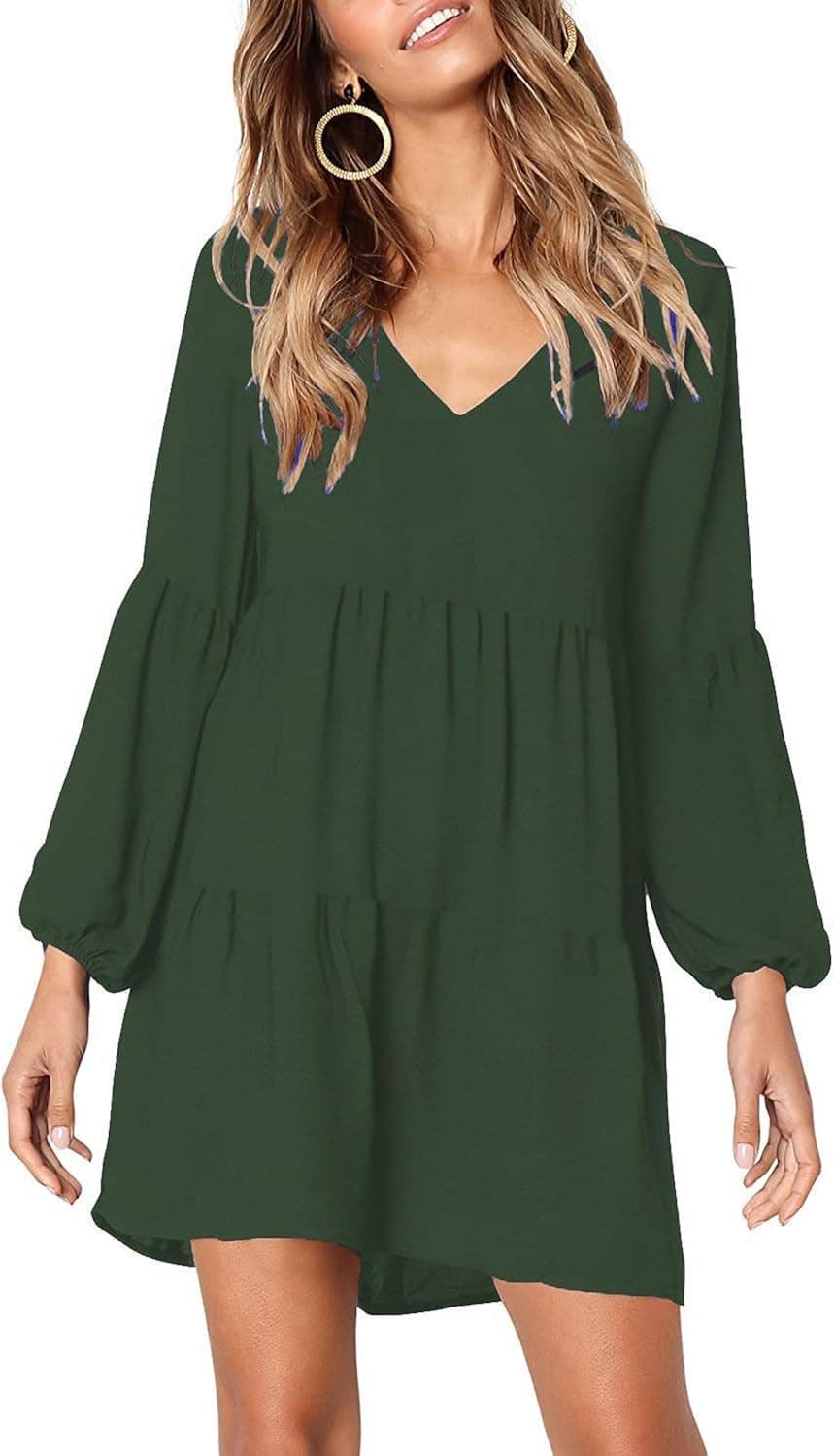 MissLook Women's Short Sleeve Tunic Dress V Neck Ruffle Loose Mini Swing Shift Dresses