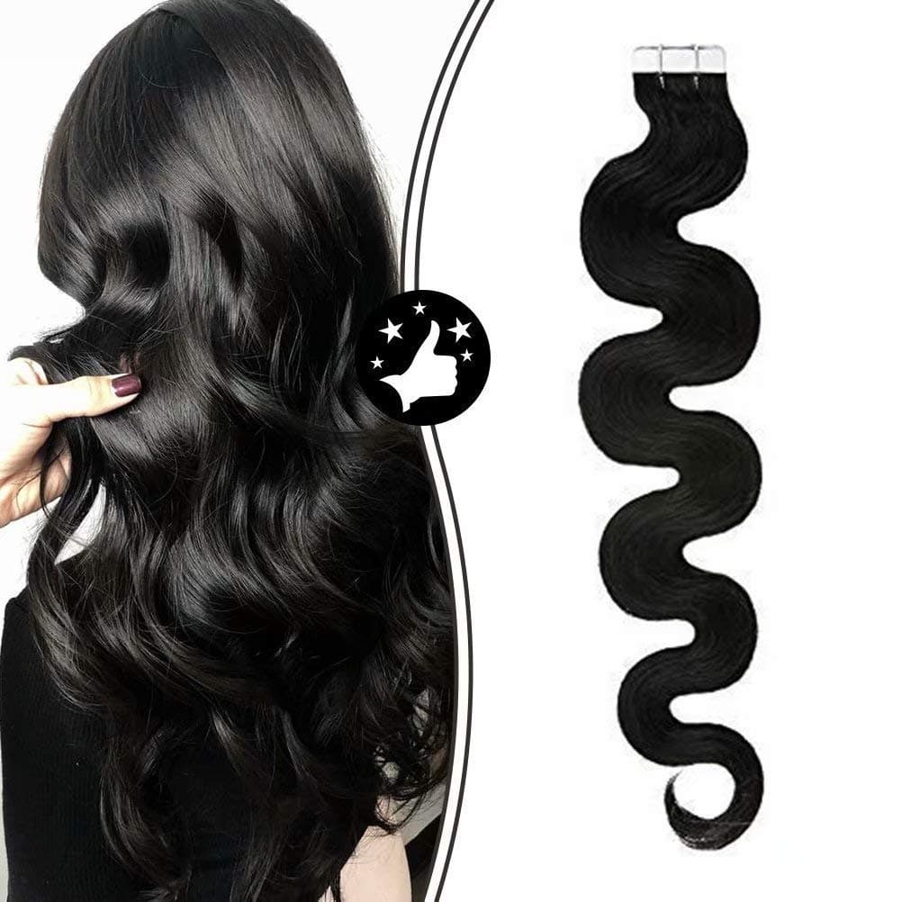 [CLEARENCE]Moresoo Hair Extensions Jet Black Body Wave Human Hair Tape in Extensions Seamless Skin Weft Tape in Real Hair Black Wavy Hair Extensions Remy Soft Thick Hair 16inch #1 BW 50G/20pcs