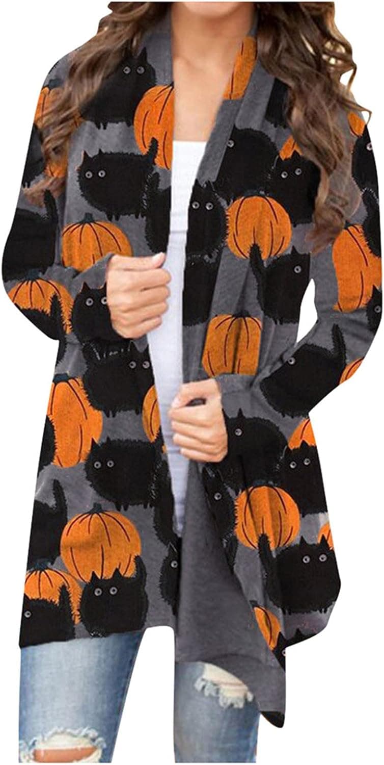 Women's Halloween Long Sleeves Cardigan Funny Cat Pumpkin Print Open Front Knit Sweaters Fashion Autumn Coat Outwear Blouses