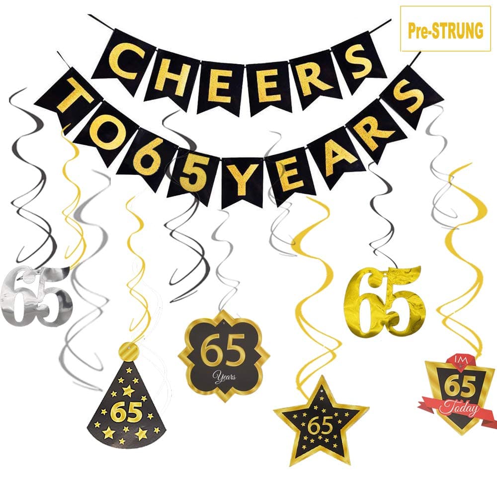65th Birthday Banner Party Decorations, JESWELL Pre Threaded Cheers to 65 Years Banner, Sparkling Celebration Hanging Swirls for 65 Years Old Party Supplies