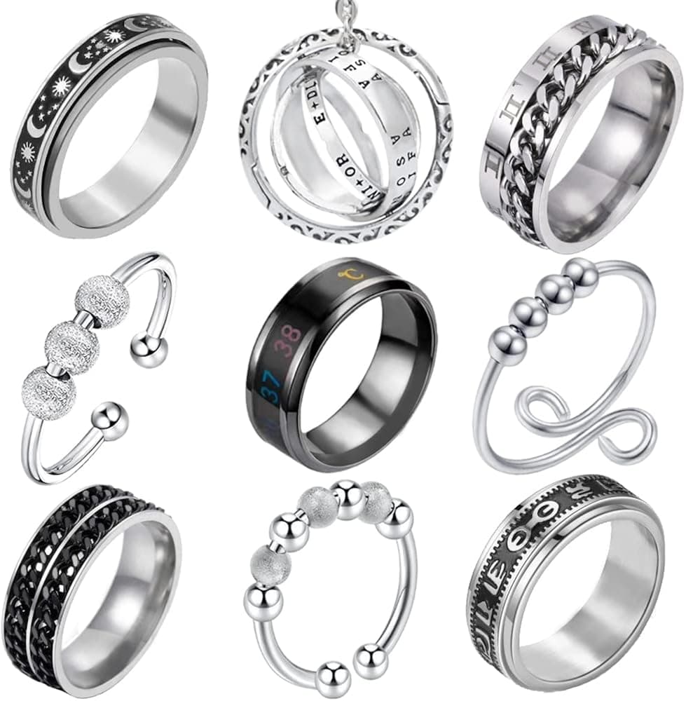 YMSJHKJ Anxiety Fidget Rings 9 pcs Stainless Steel Swivel Ring Anti-Anxiety Ring Swivel Sun Moon Star Cool Stress Relieveing Rings for Women Men gift