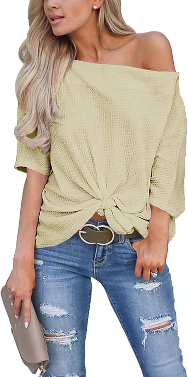 Ezbelle Womens Short Sleeve Off The Shoulder Tops Twist Knot T Shirt Tunic Blouse