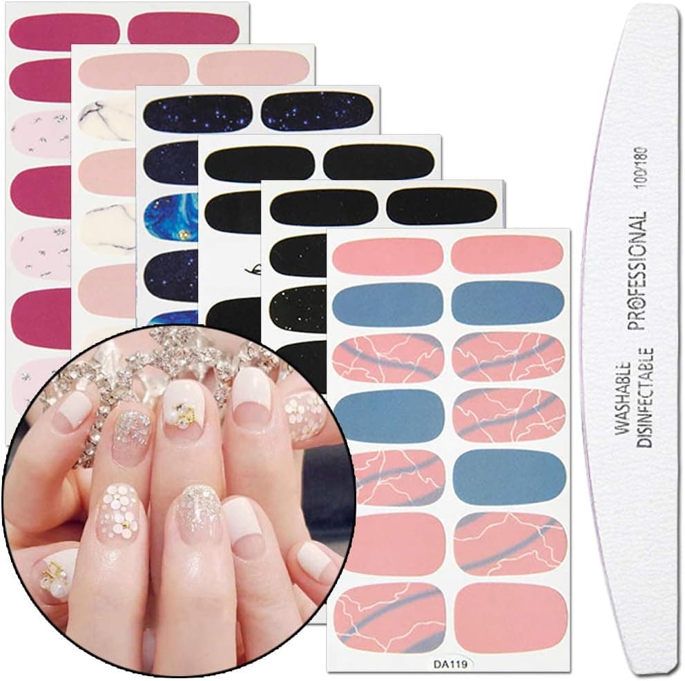 WOKOTO 6 Sheets Christmas Nail Polish Wraps Stickers With 1Pcs Nail File Gradient Adhesive Nail Decal Strips Manicure Kits For Women