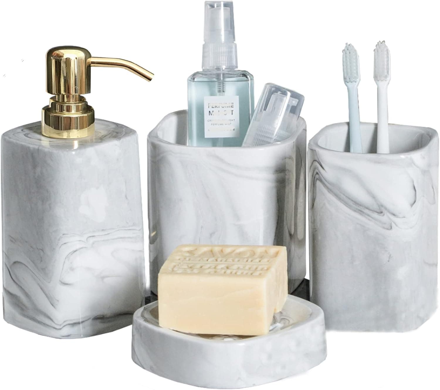 GalDal Marble Look Bathroom Accessories Sets Ceramic Gray, 4Pieces Bathroom Accessory Complete Set Countertop, Includes Lotion Soap Dispenser, Tumbler, Soap Dish,jar
