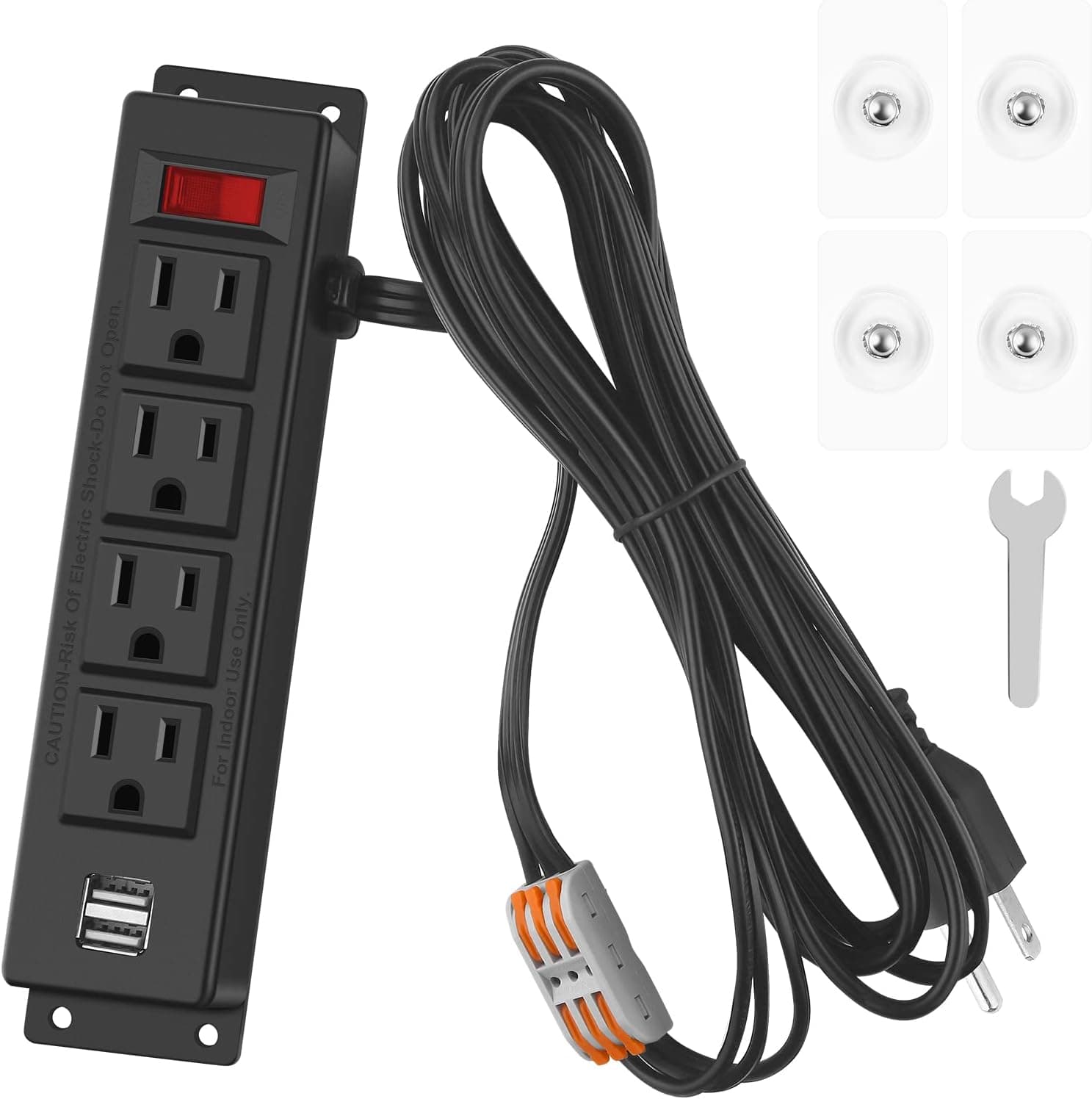 HHSOET 4 Outlet Gun Safe Power Outlet Kit, Wall Mount Power Strip with USB Ports, 6FT Extension Cord with Conductor Inline Connectors Accessory. (Black)