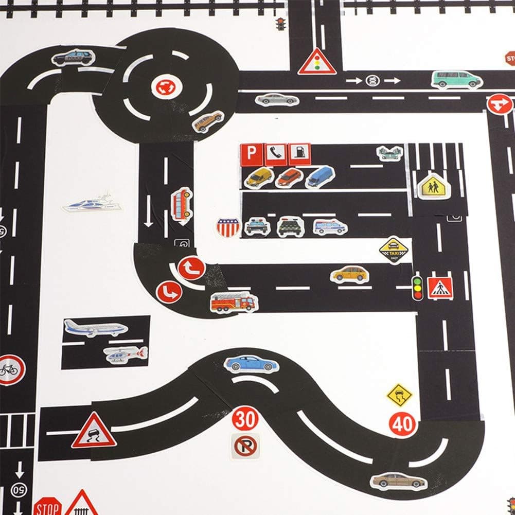 Adhesive Tape, Sticker, Children's DIY Road Traffic Paper Tape, Entertaining Railway Highway Tape, Car Track, Train Device, Curve Sticker. (4 Rolls of Tape X3 Corners X20 Road Signs X45 Car Stickers)