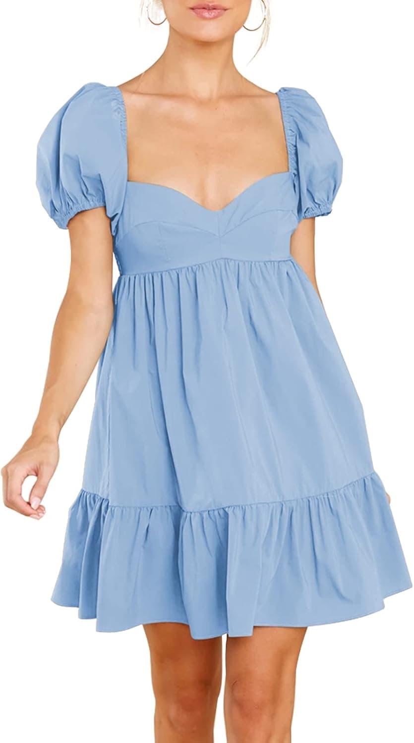 BELONGSCI Women's 2023 Summer Dress,Square & Sweetheart Neck Dress Short Puff Sleeve A-Line Casual Mini Dress