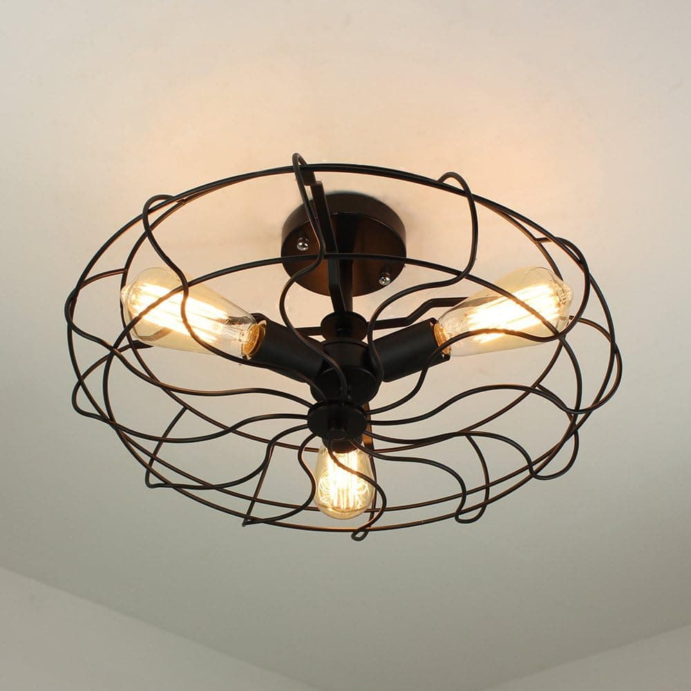 NATSEN Vintage Semi Flush Mount Ceiling Light E26 Wrought Iron Hanging Lights Industrial Ceiling Light Fixture Black Max 60W 3-Lights