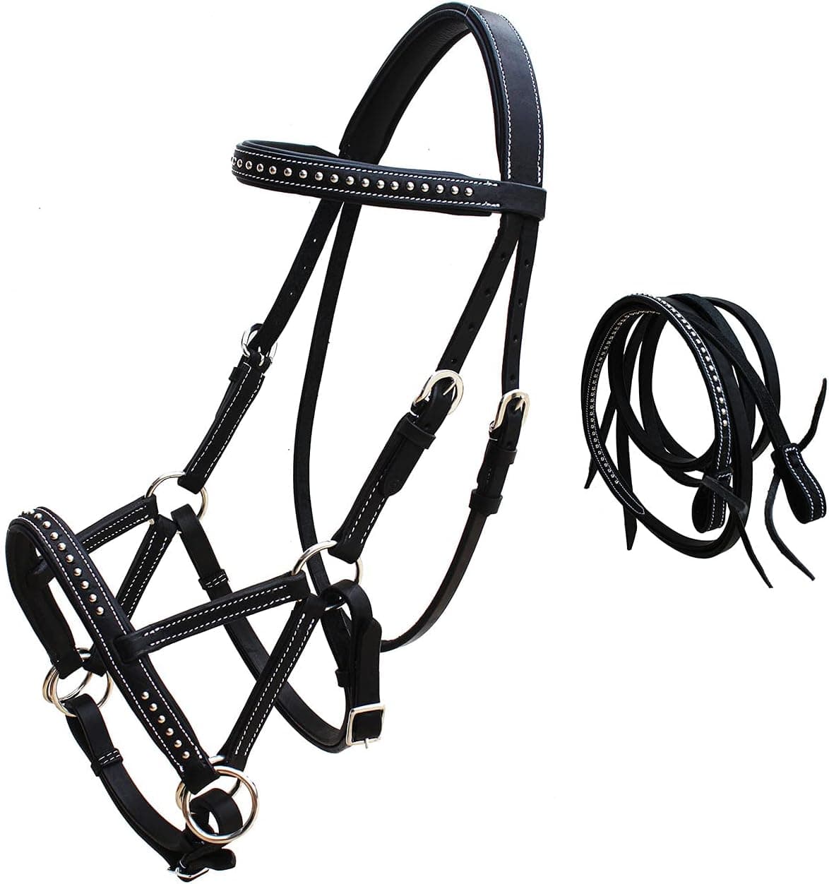 Horse Western Leather Tack Studded Bitless Sidepull Bridle Reins 77RS03