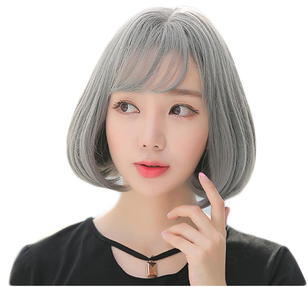 Deifor Women Short Straight Heat Resistant Synthetic Hair Swept Bangs Bob Wig Cosplay Halloween Wig (Gray)