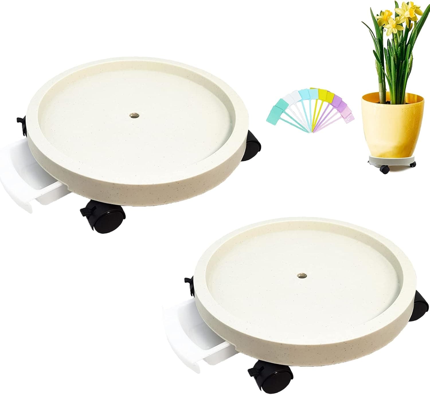 Arilliant Rolling Plant Dolly Caddy Stands with Wheels Heavy Duty(2 Pcs 13.5"), Plastic Round Planter Caddies On Wheels Roller with Casters Outdoor, Include 12 Pcs T-Type Labels