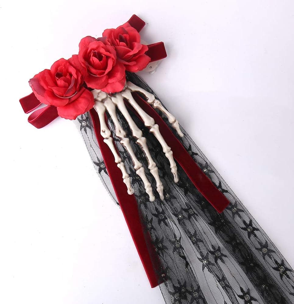 KEPATO Halloween Skeleton Hands Bone Hair Clips with Veil,White Fashion Punk Rock Devil Claw Alligator Barrettes Women Girls Hair Accessories for Girls Halloween Party Cosplay